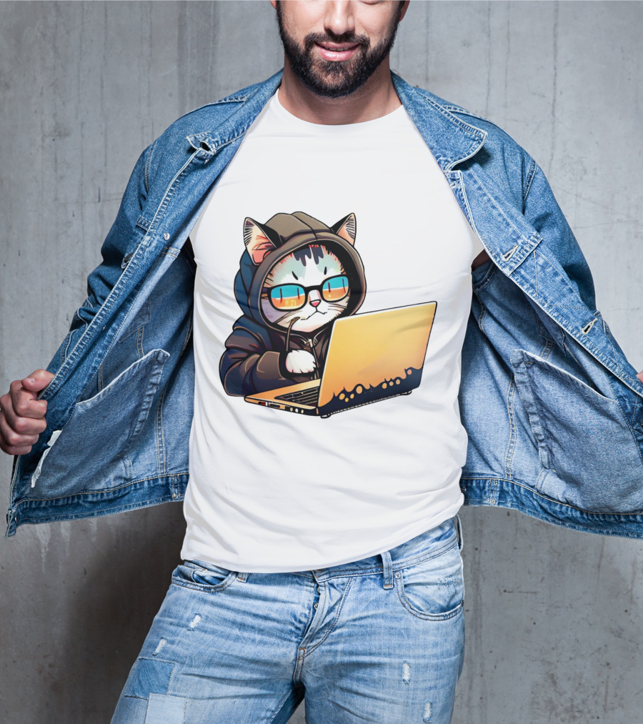 Hacker Cat In Hoodie With Laptop And Glasses T-Shirt