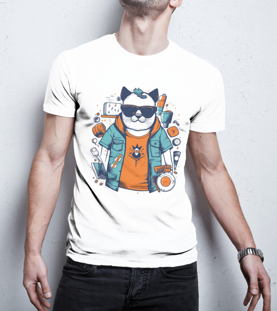 Hipster Cat In Sunglasses With Headphones And Jacket T-Shirt