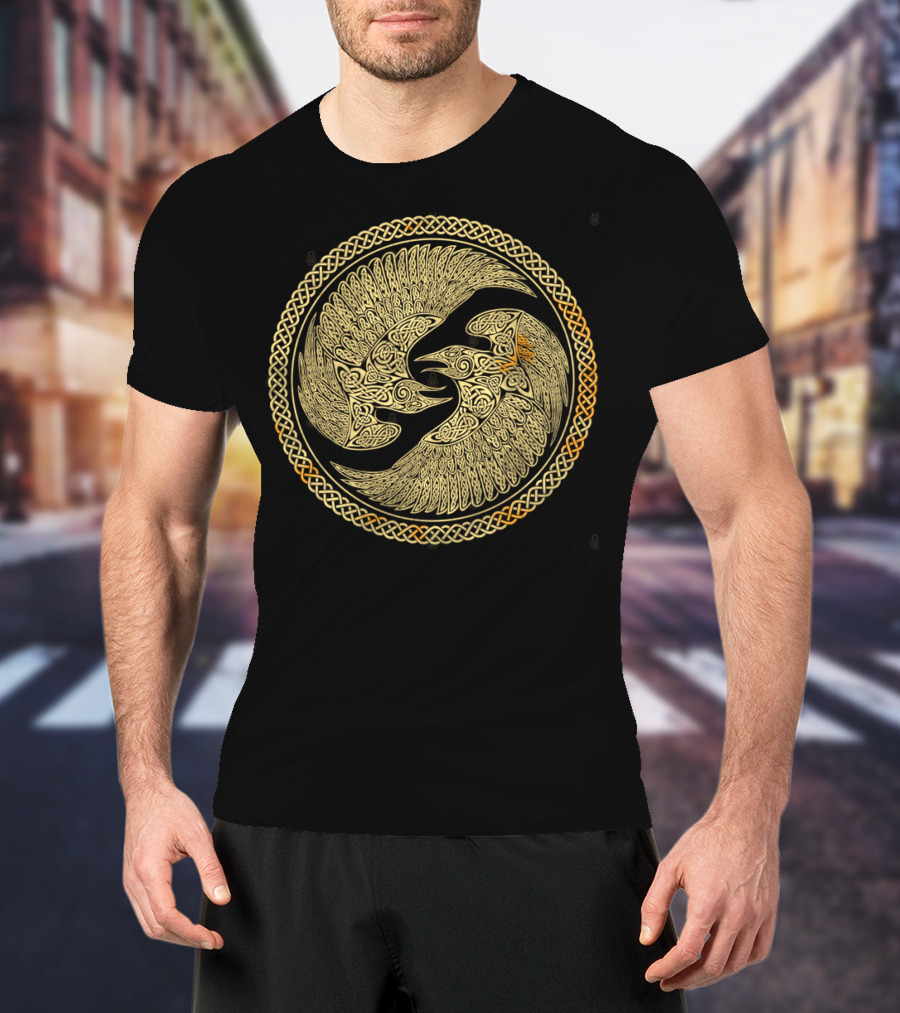 Hugin And Munin Celtic Knotwork Ravens In Intricate Circular T-Shirt