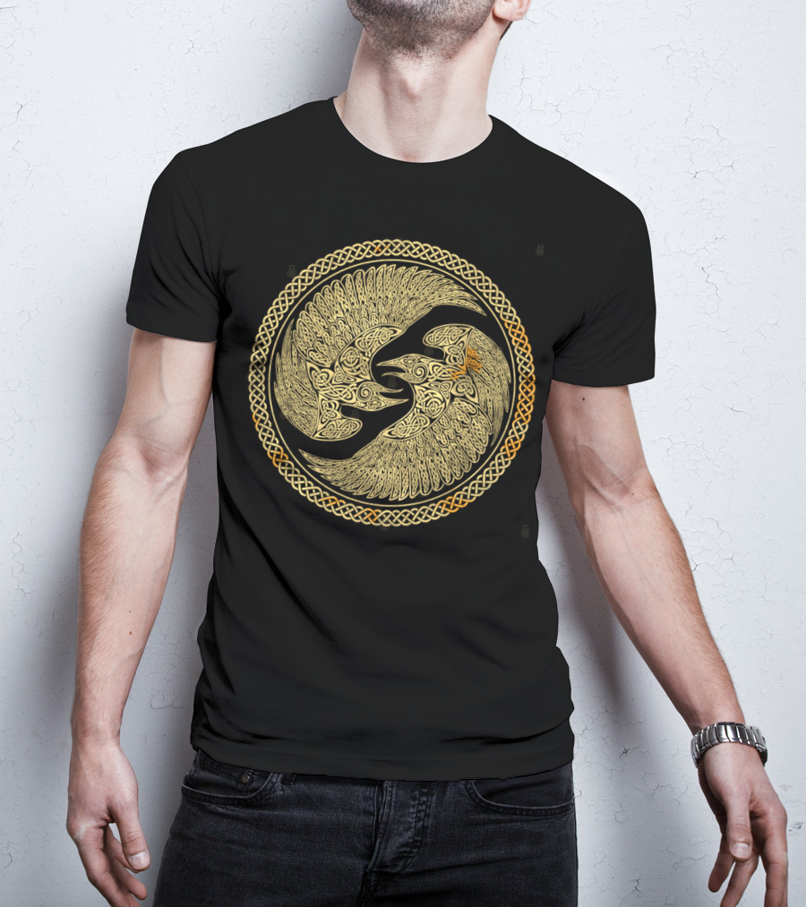 Hugin And Munin Celtic Knotwork Ravens In Intricate Circular T-Shirt