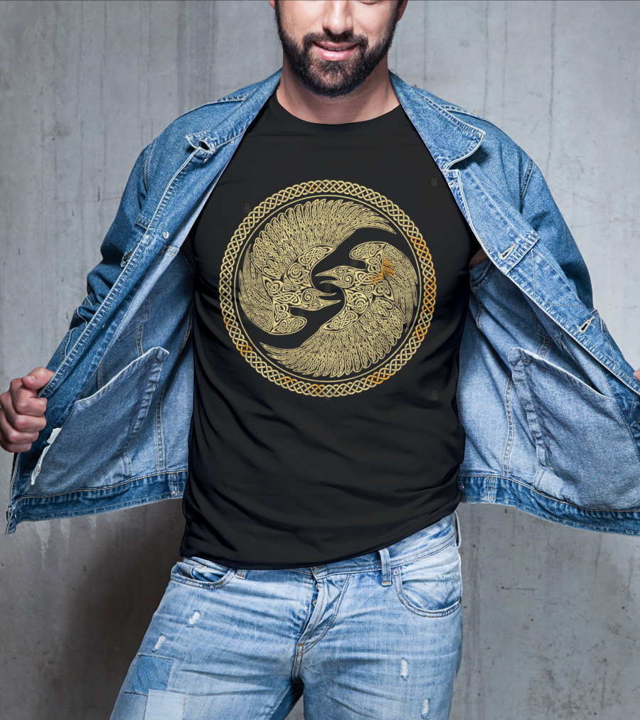 Hugin And Munin Celtic Knotwork Ravens In Intricate Circular T-Shirt