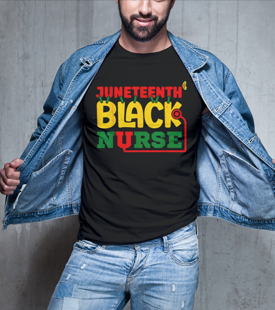 Juneteenth Black Nurse Red Yellow Green Butterfly Stethoscope T-Shirt