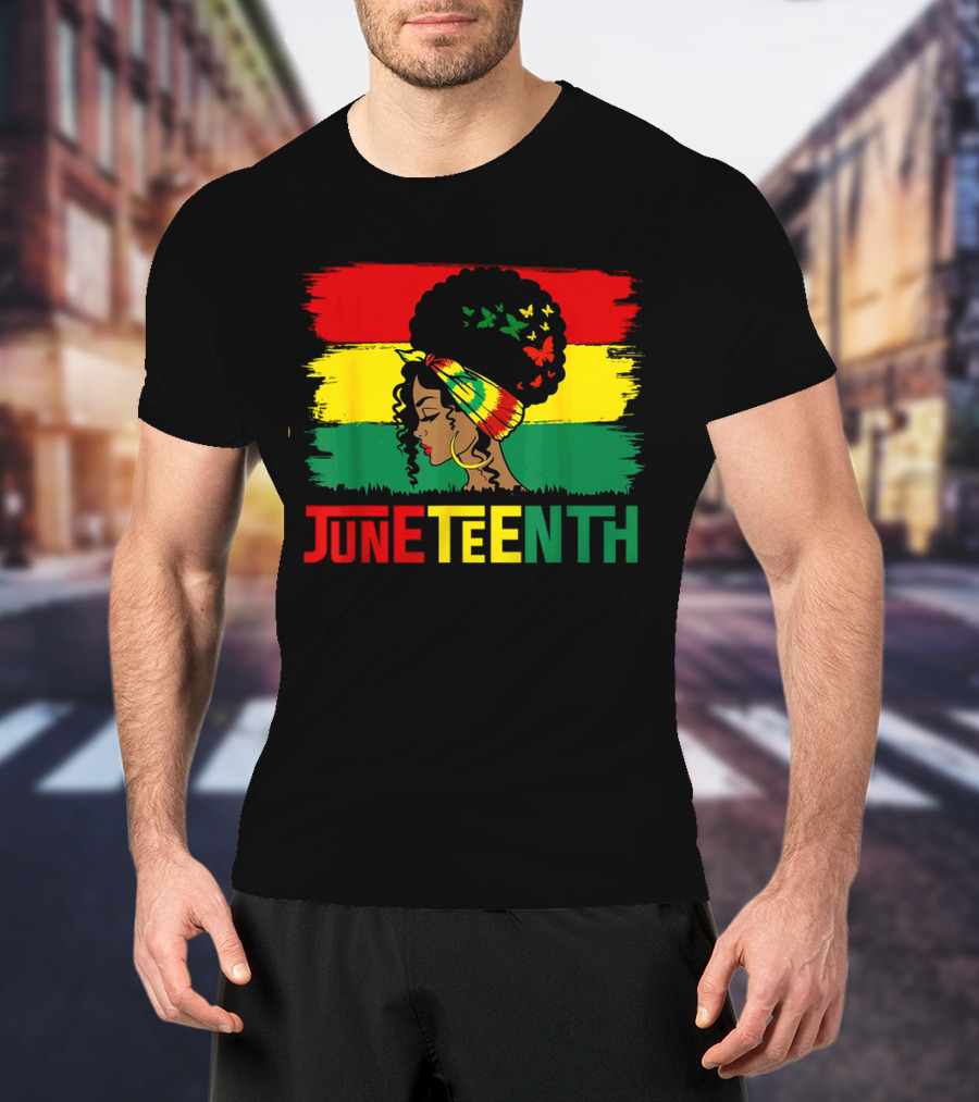Juneteenth Remembering My Ancestors Celebrate Black Freedom Afro Woman Rasta Colors Flags T-Shirt