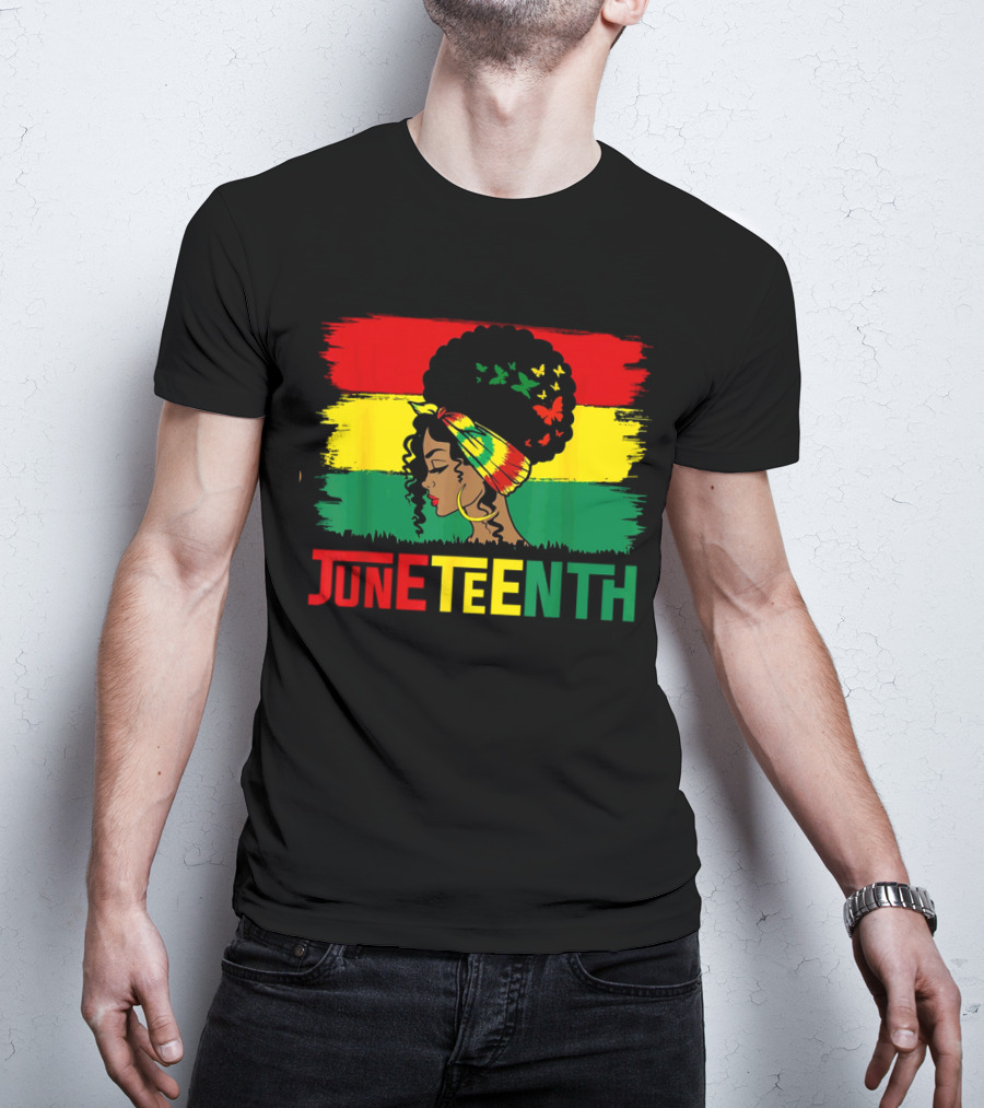 Juneteenth Remembering My Ancestors Celebrate Black Freedom Afro Woman Rasta Colors Flags T-Shirt