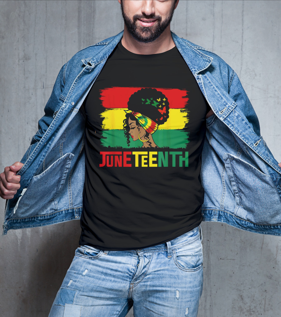 Juneteenth Remembering My Ancestors Celebrate Black Freedom Afro Woman Rasta Colors Flags T-Shirt