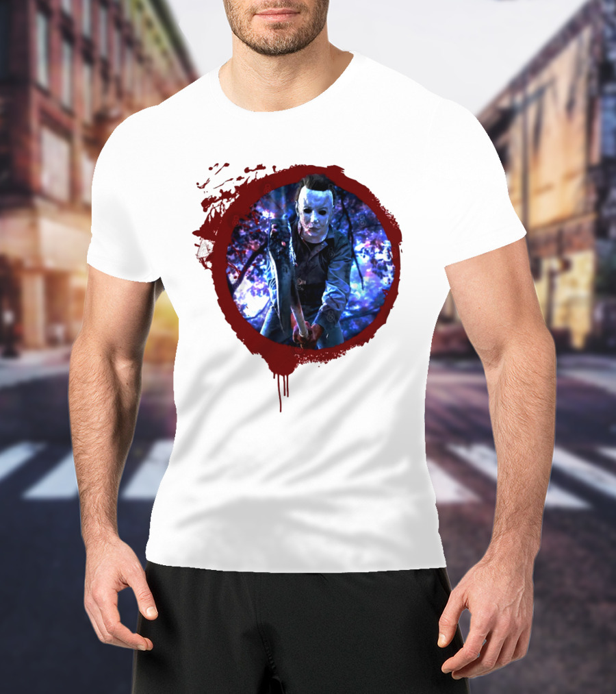 Myers Attack Blood Splatter Horror Mask Iconic Blue Woods Scene T-Shirt