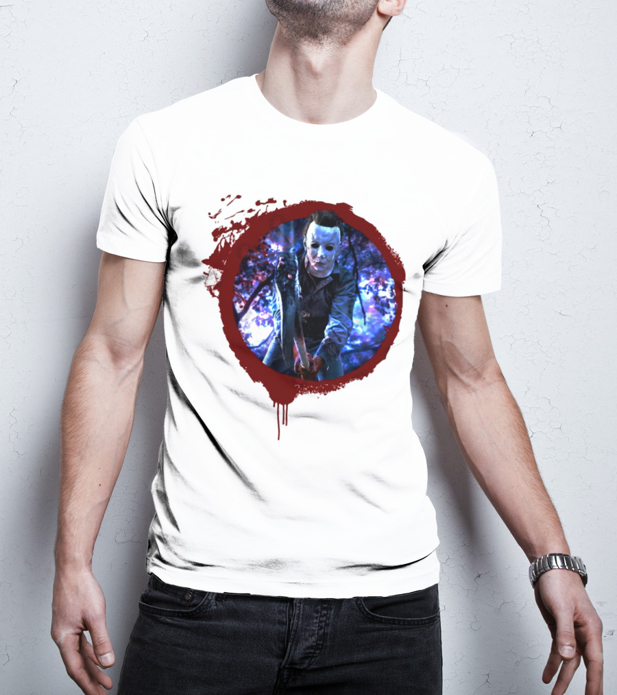 Myers Attack Blood Splatter Horror Mask Iconic Blue Woods Scene T-Shirt