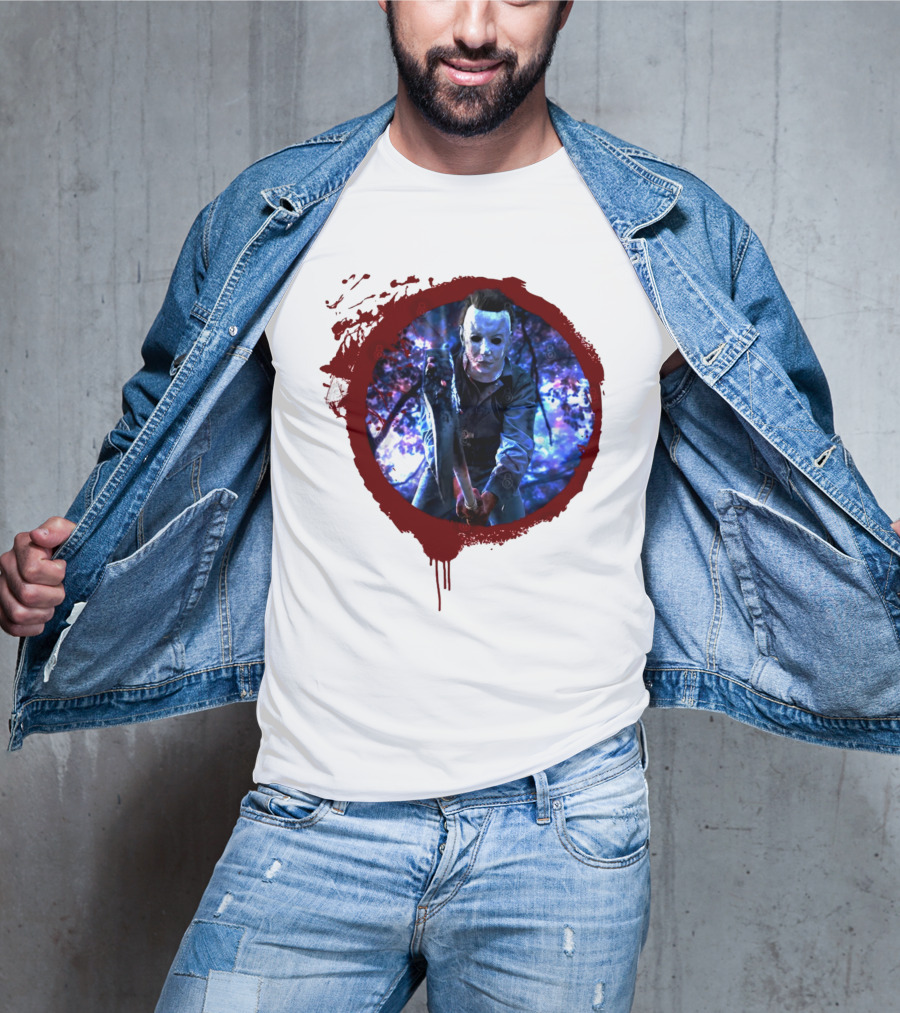 Myers Attack Blood Splatter Horror Mask Iconic Blue Woods Scene T-Shirt