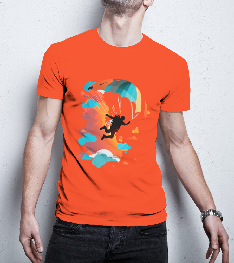 Skydiver Silhouette With Colorful Parachute And Clouds T-Shirt