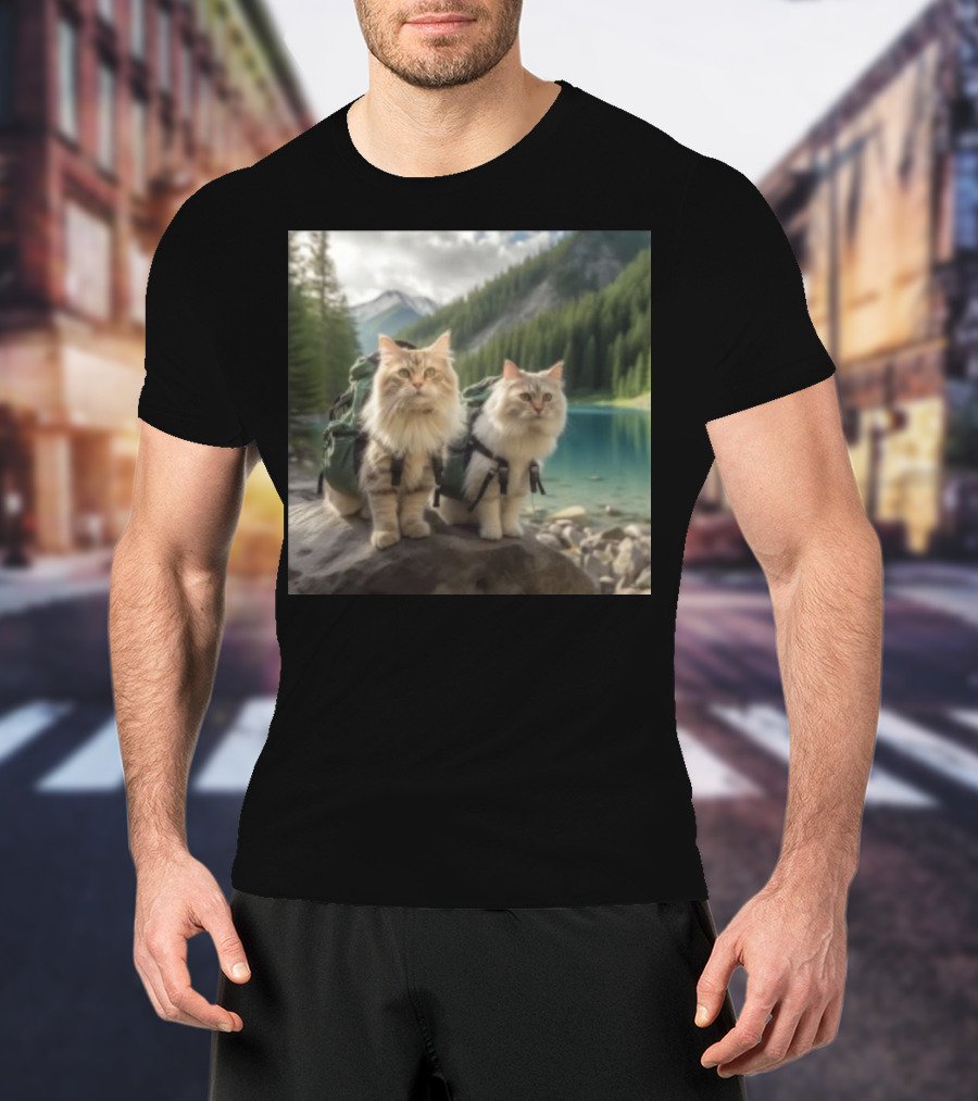 Two American Longhair Cats Are Mountaineering With Backpacks In Scenic Mountain Forest Near Lake T-Shirt