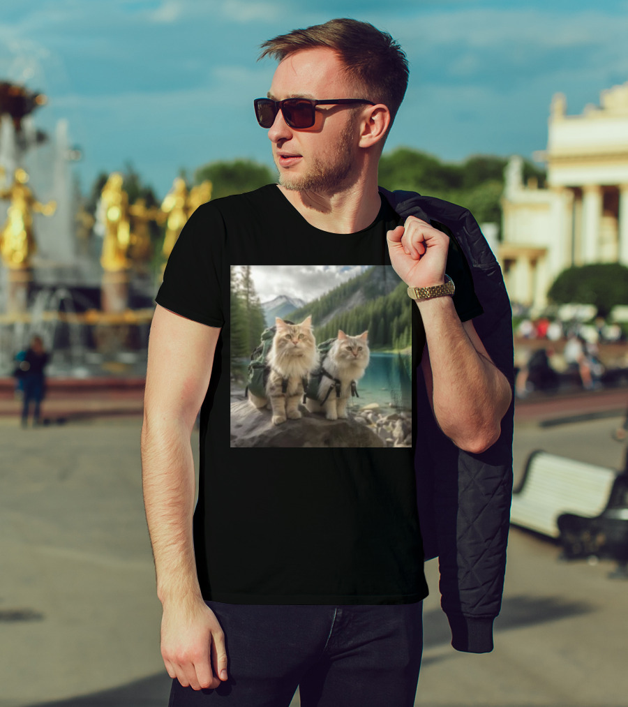 Two American Longhair Cats Are Mountaineering With Backpacks In Scenic Mountain Forest Near Lake T-Shirt