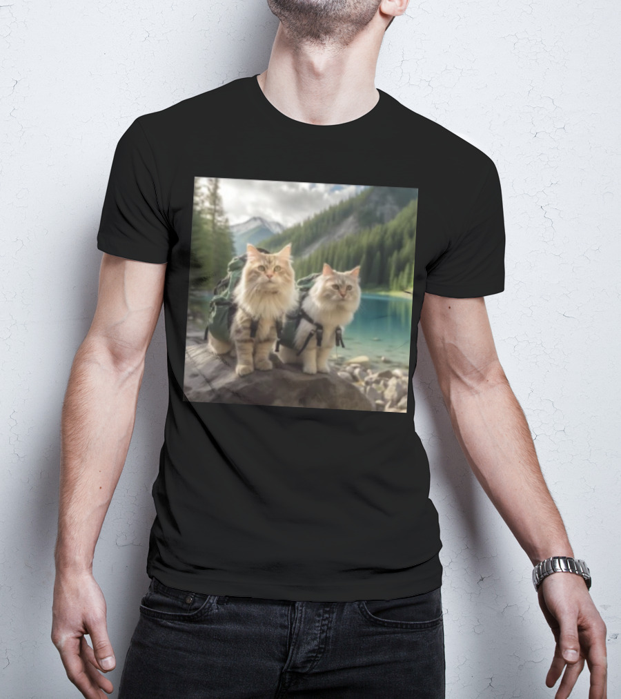 Two American Longhair Cats Are Mountaineering With Backpacks In Scenic Mountain Forest Near Lake T-Shirt