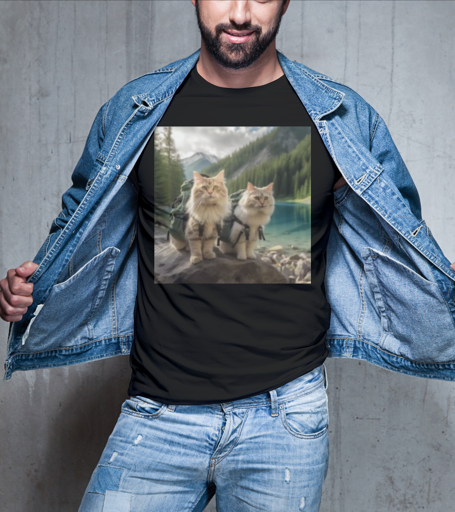 Two American Longhair Cats Are Mountaineering With Backpacks In Scenic Mountain Forest Near Lake T-Shirt