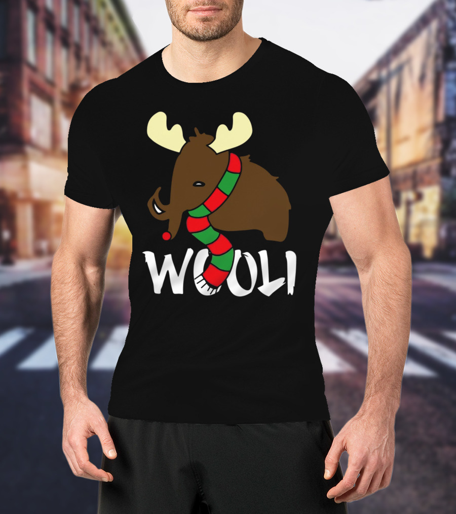 Wooli Mammoth Wearing Red And Green Scarf With Antlers T-Shirt