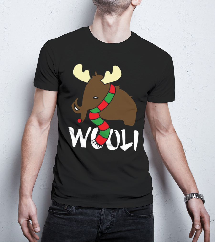 Wooli Mammoth Wearing Red And Green Scarf With Antlers T-Shirt