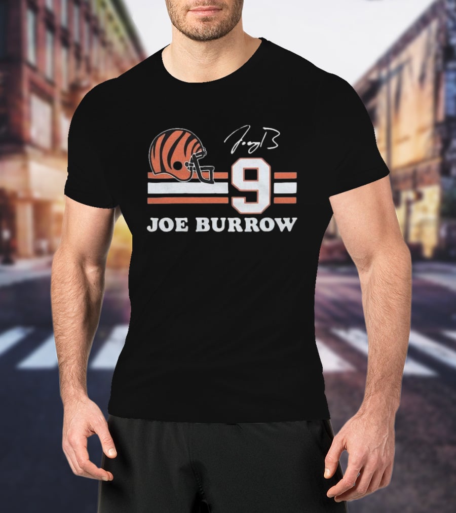 Cincinnati Bengals Joe Burrow Number 9 Helmet Signature T-Shirt