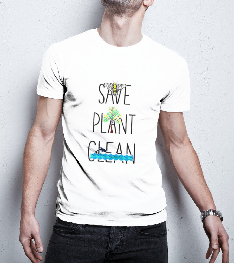 Save The Bees Plant The Trees Clean The Sea Bee Tree Dolphin Waves T-Shirt