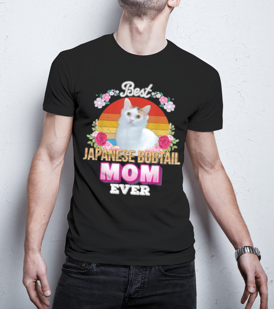 Best Japanese Bobtail Mom Ever Rainbow Floral Cat T-Shirt
