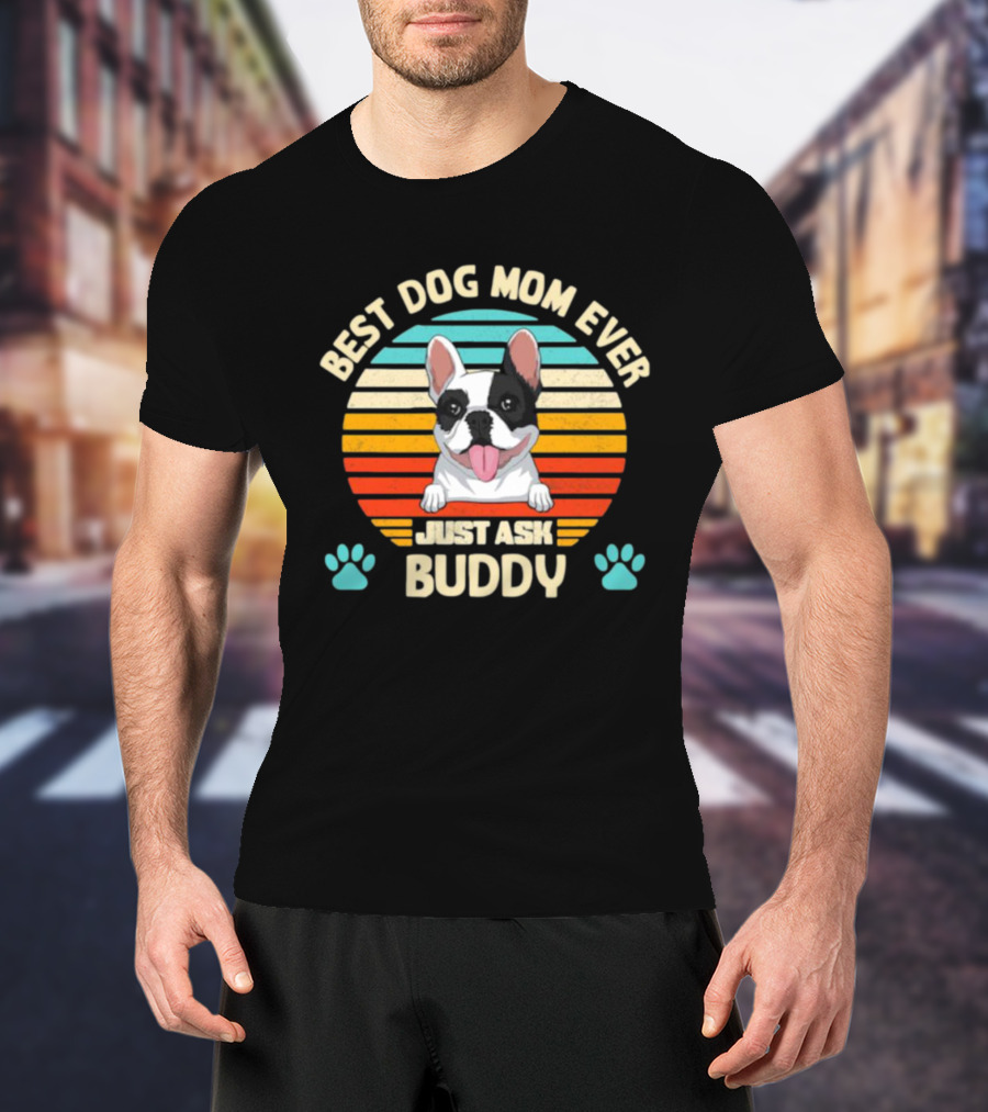Best Dog Mom Ever Just Ask Buddy Vintage French Bulldog With Stripes T-Shirt