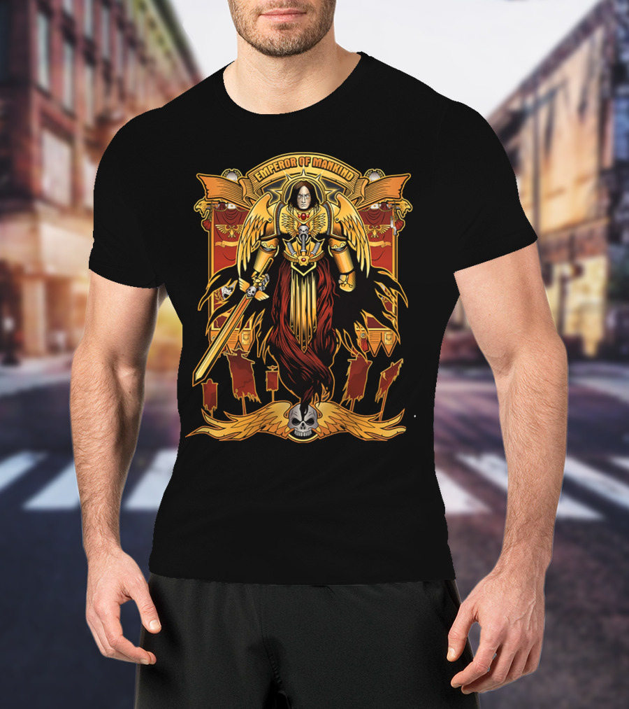 Emperor Of Mankind Golden Armor Angelic Warrior With Sword And Skull T-Shirt