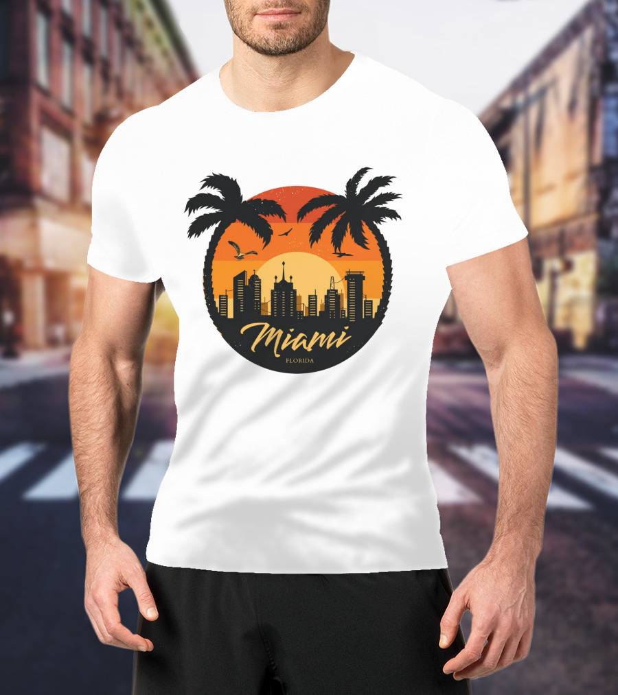 Miami Florida Sunset Skyline Palm Trees T-Shirt