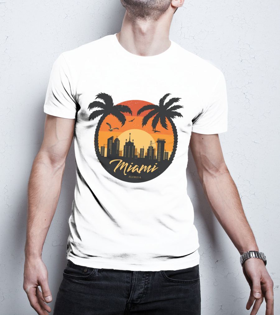 Miami Florida Sunset Skyline Palm Trees T-Shirt