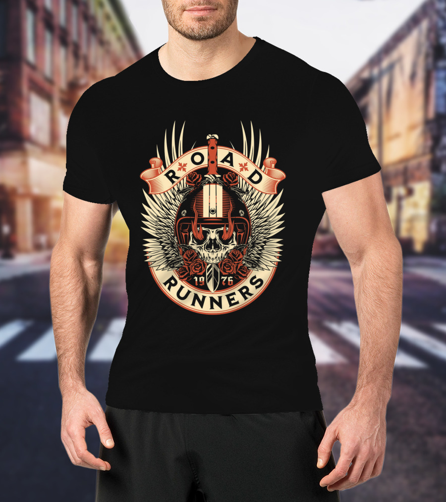 Road Runners Skull 1976 Motorcycle Badge With Wings And Roses T-Shirt