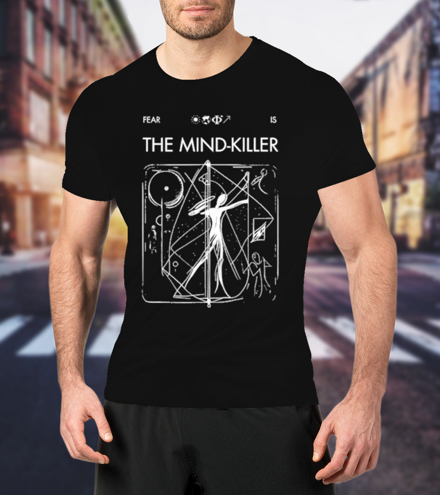 Fear Is The Mind-Killer Geometric Astronaut Design With Cosmic Symbols And Figures T-Shirt