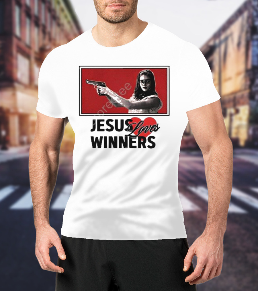 Super Yaki Jesus Loves Winners Red Gun Woman T-Shirt