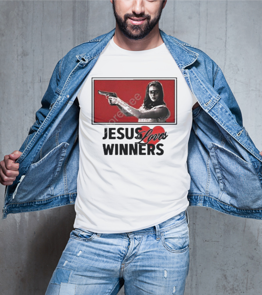 Super Yaki Jesus Loves Winners Red Gun Woman T-Shirt