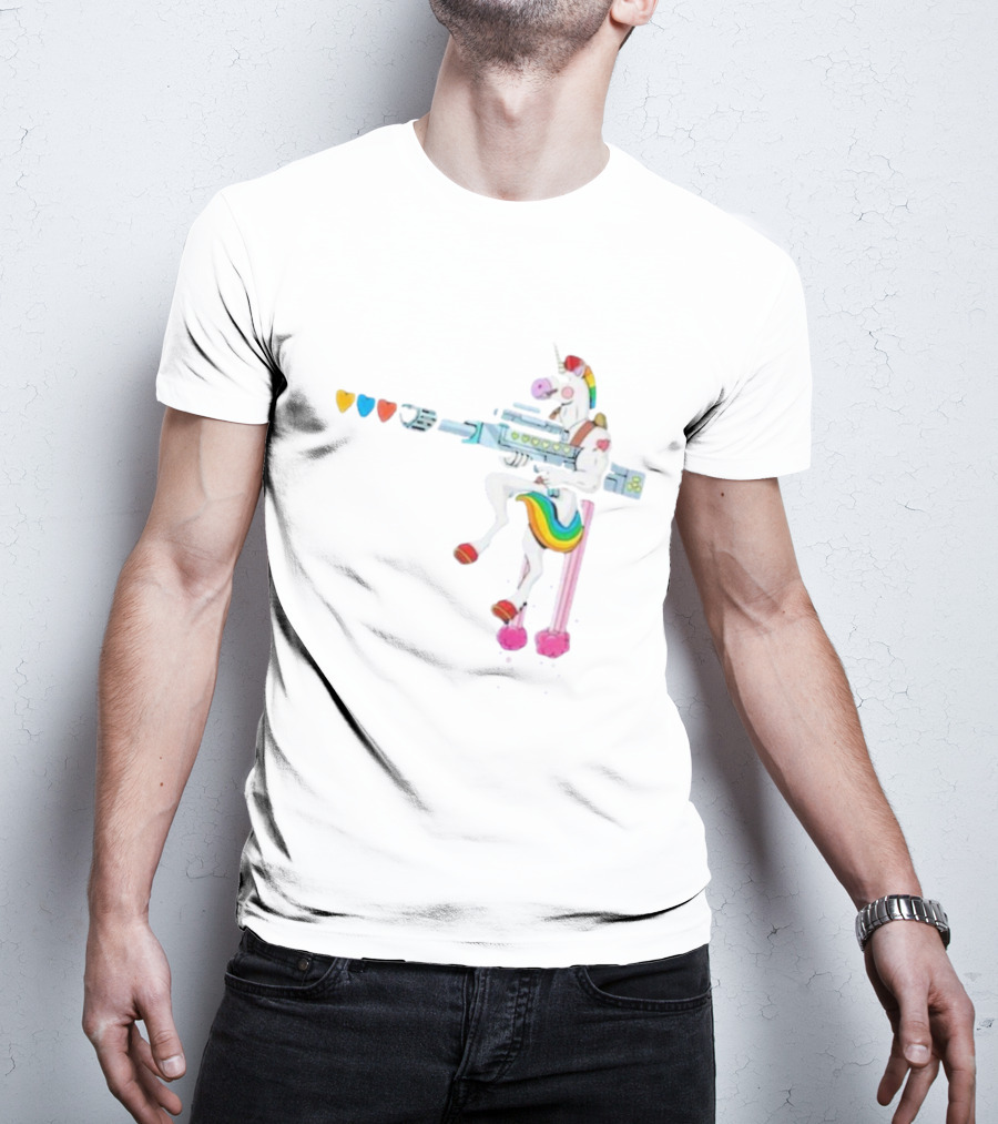 Punl-rock Rainbow Unicorn Armed With Colorful Hearts T-Shirt