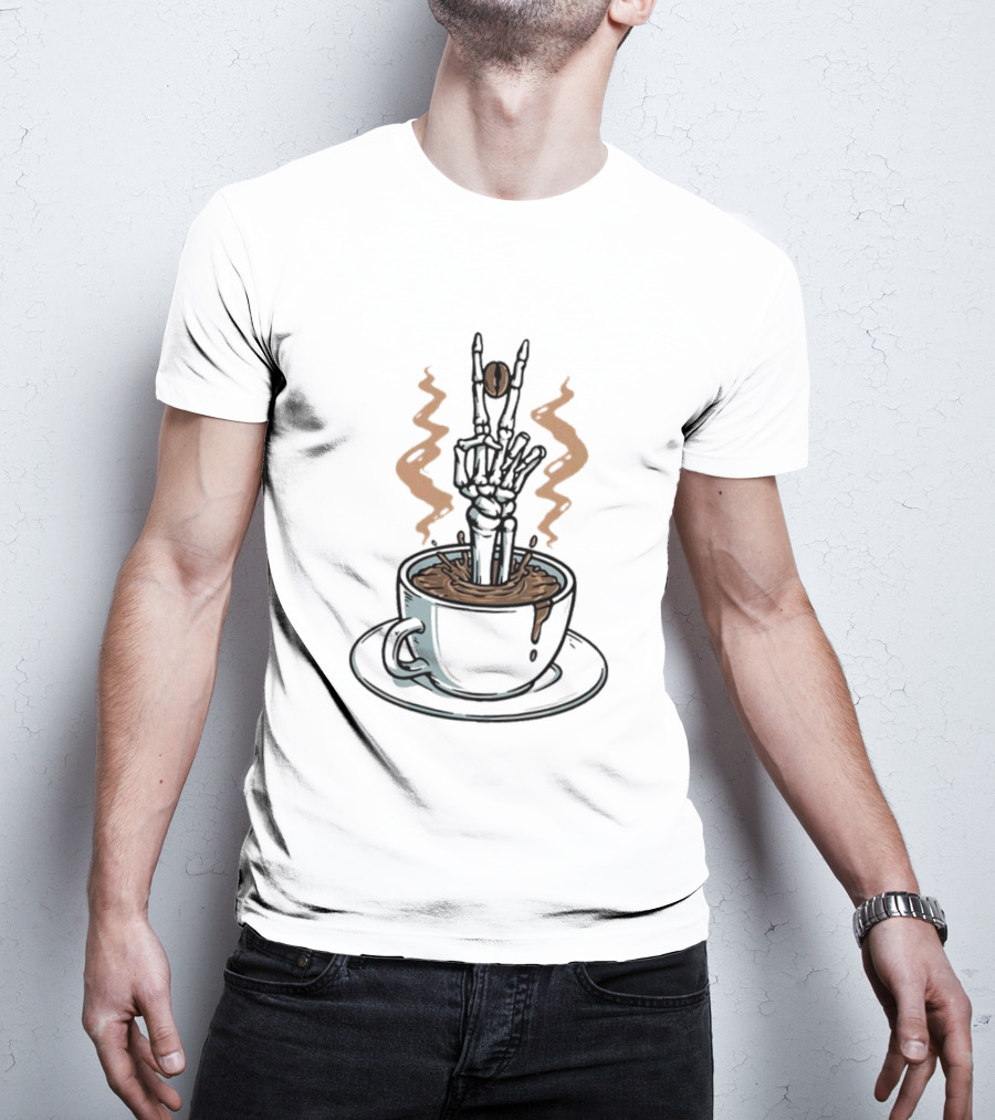 Skeleton In Cappuccino Dead Inside But Still Caffeinated Rock Hand Gesture T-Shirt