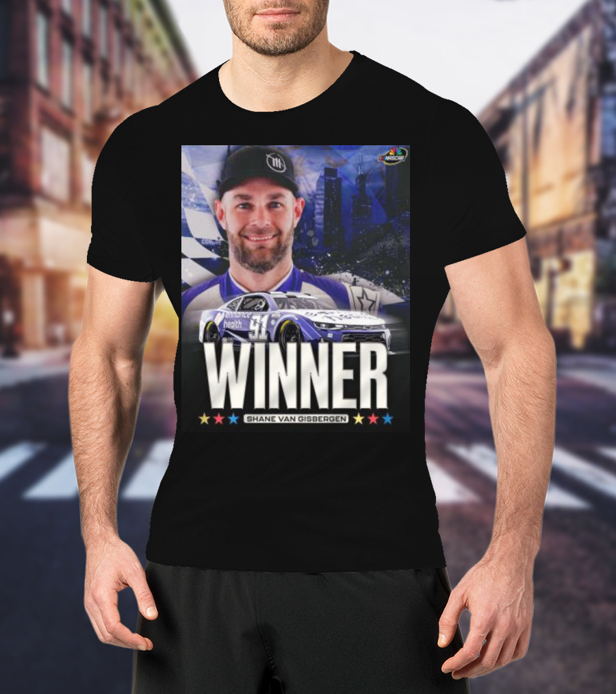 NASCAR Winner Shane Van Gisbergen With Race Car And Cityscape Background T-Shirt