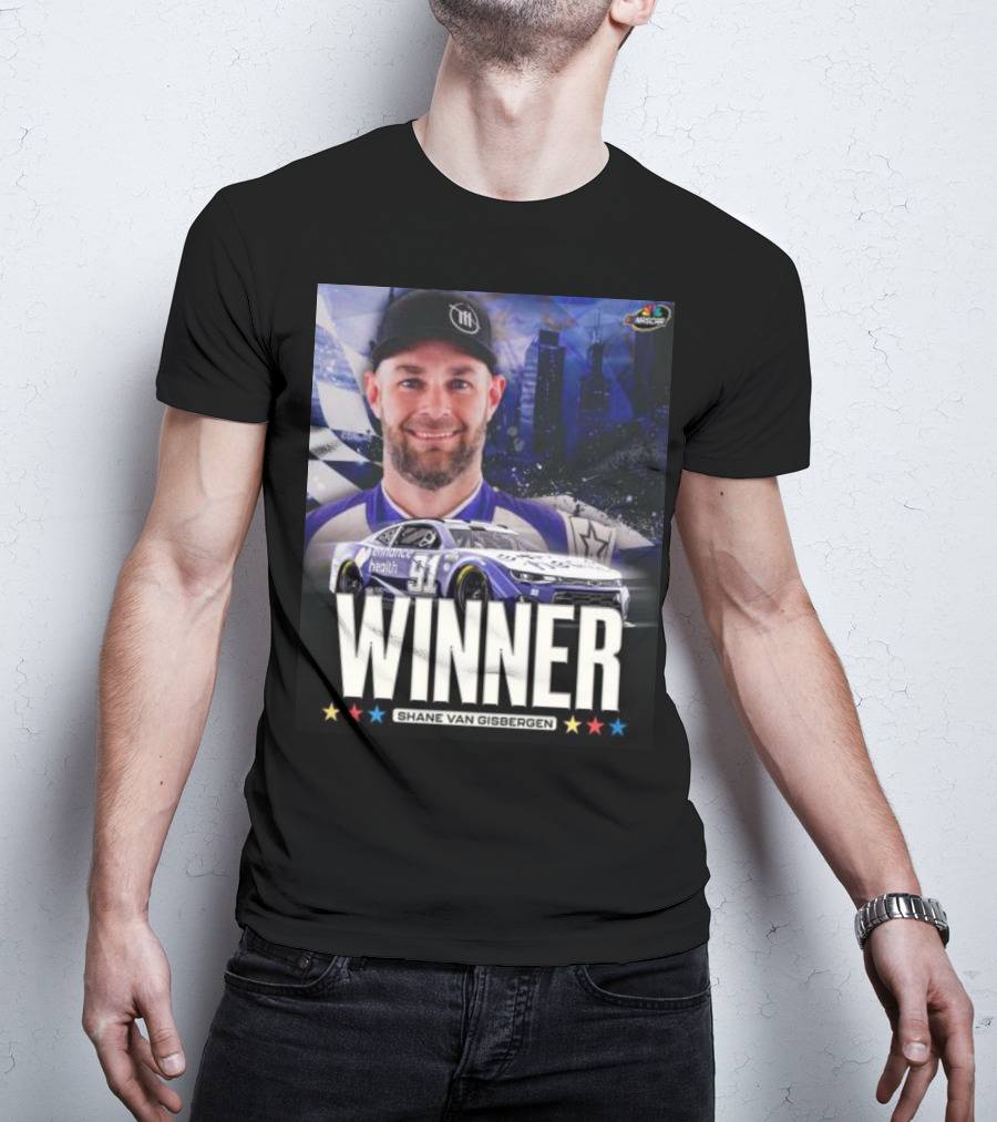 NASCAR Winner Shane Van Gisbergen With Race Car And Cityscape Background T-Shirt