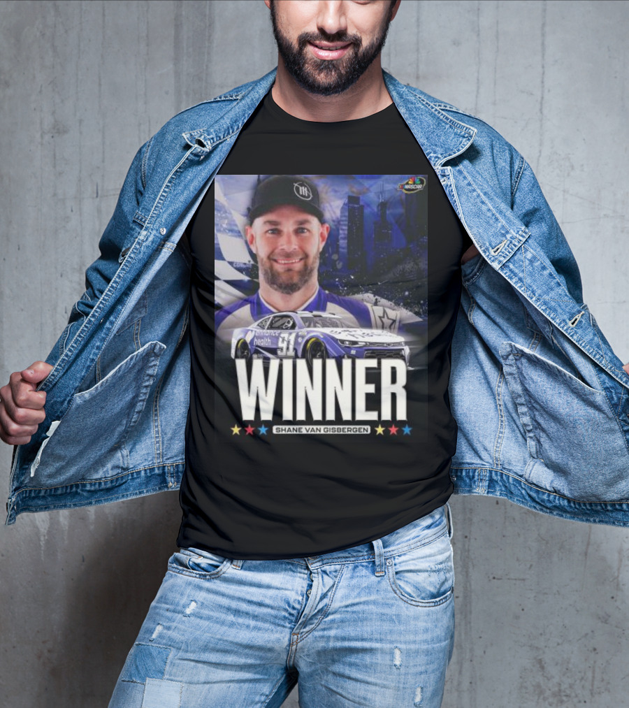NASCAR Winner Shane Van Gisbergen With Race Car And Cityscape Background T-Shirt