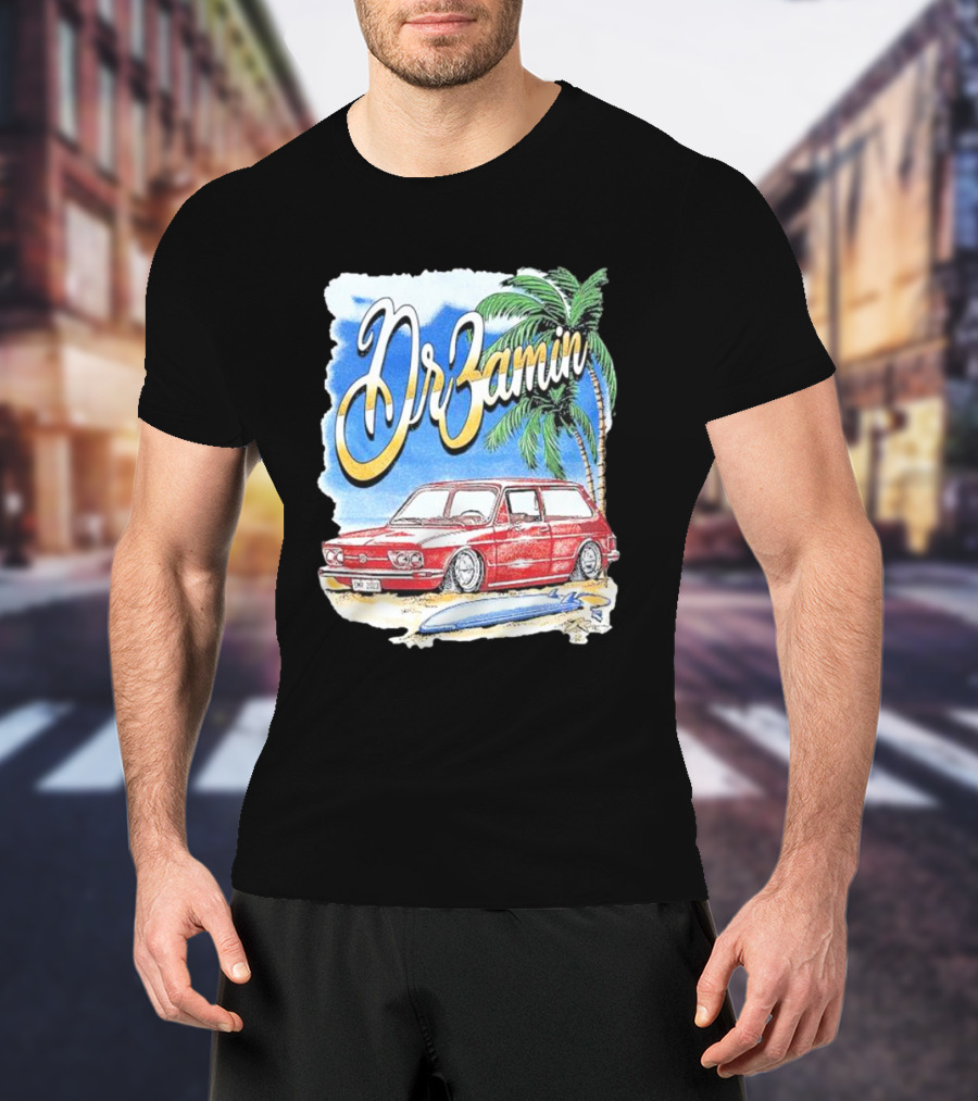DrZamin Red Car Tropical Beach Scene With Palm Trees Surfboard T-Shirt