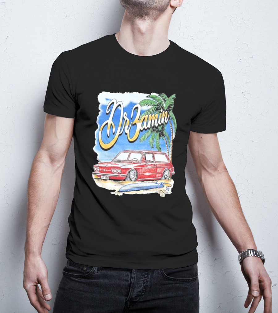 DrZamin Red Car Tropical Beach Scene With Palm Trees Surfboard T-Shirt