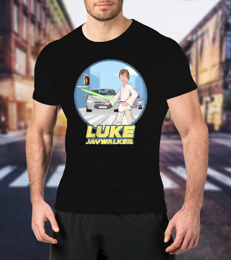 Luke Jaywalker Crossing With Lightsaber And Traffic Cars T-Shirt