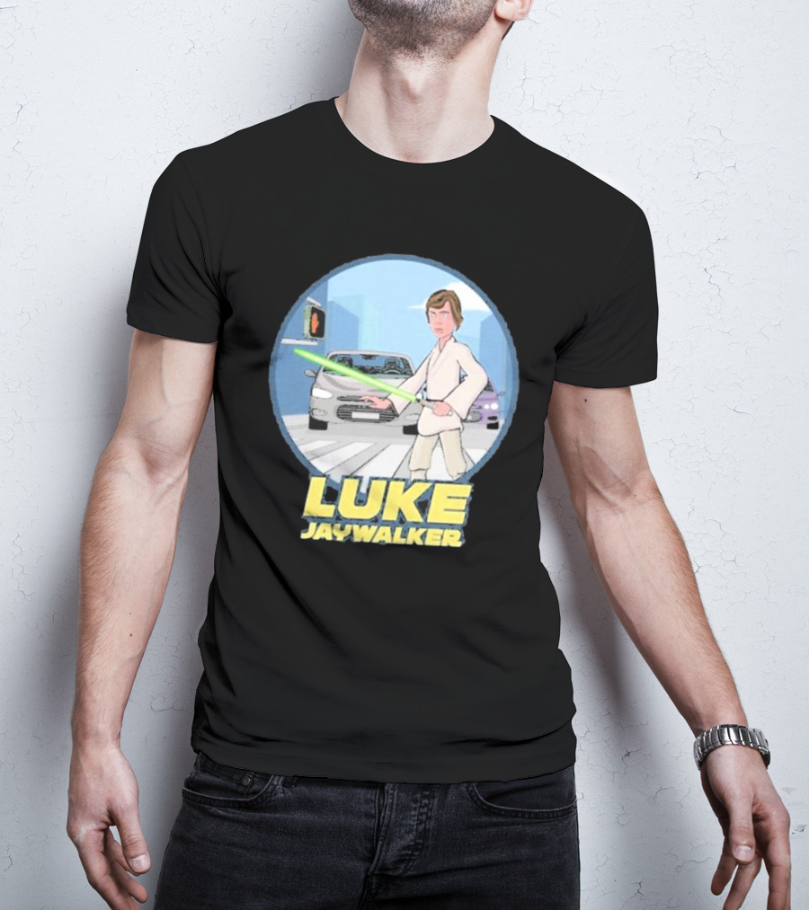 Luke Jaywalker Crossing With Lightsaber And Traffic Cars T-Shirt