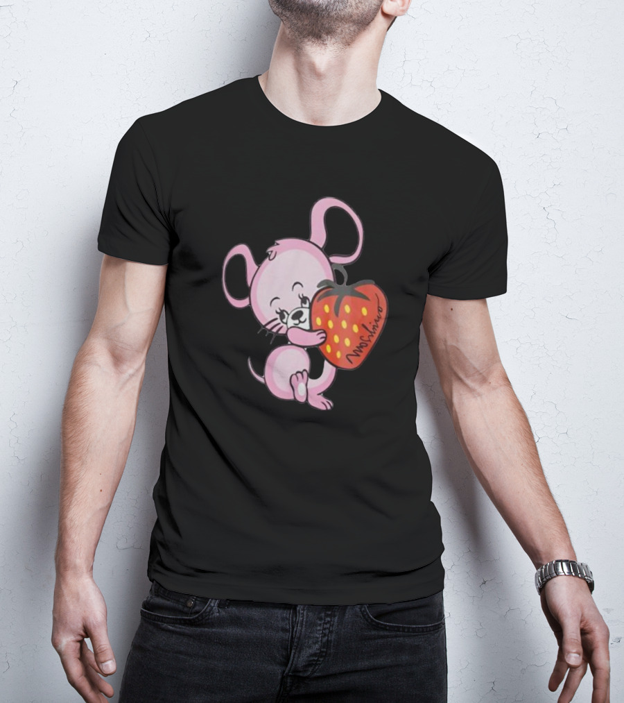 Cute Pink Mouse Hugging Strawberry Moschino T-Shirt