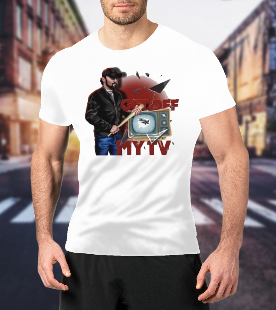 Get Off My TV Baseball Bat Vintage TV Shattered Screen T-Shirt