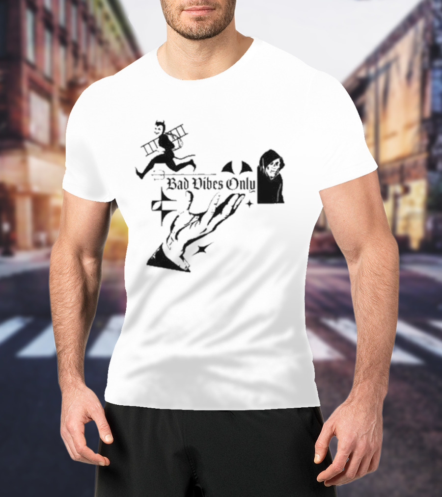 Bad Vibes Only Devil Ladder Grim Reaper Hand Gesture T-Shirt
