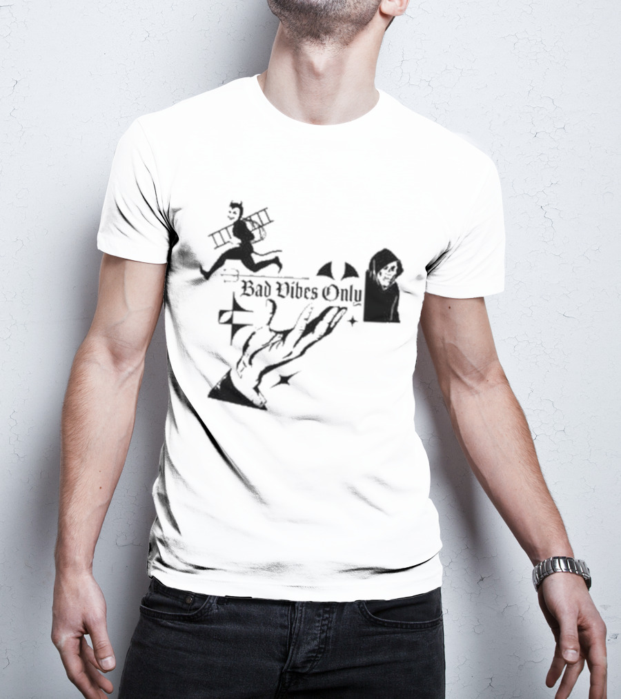 Bad Vibes Only Devil Ladder Grim Reaper Hand Gesture T-Shirt