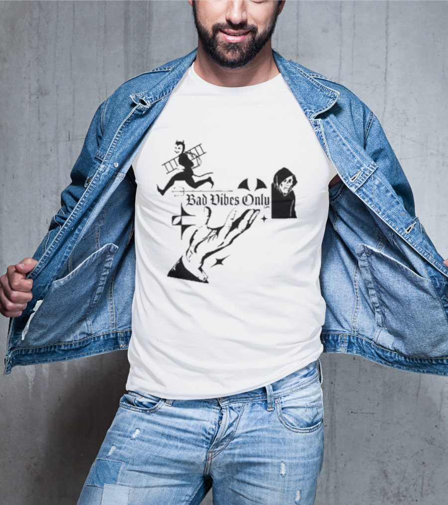 Bad Vibes Only Devil Ladder Grim Reaper Hand Gesture T-Shirt