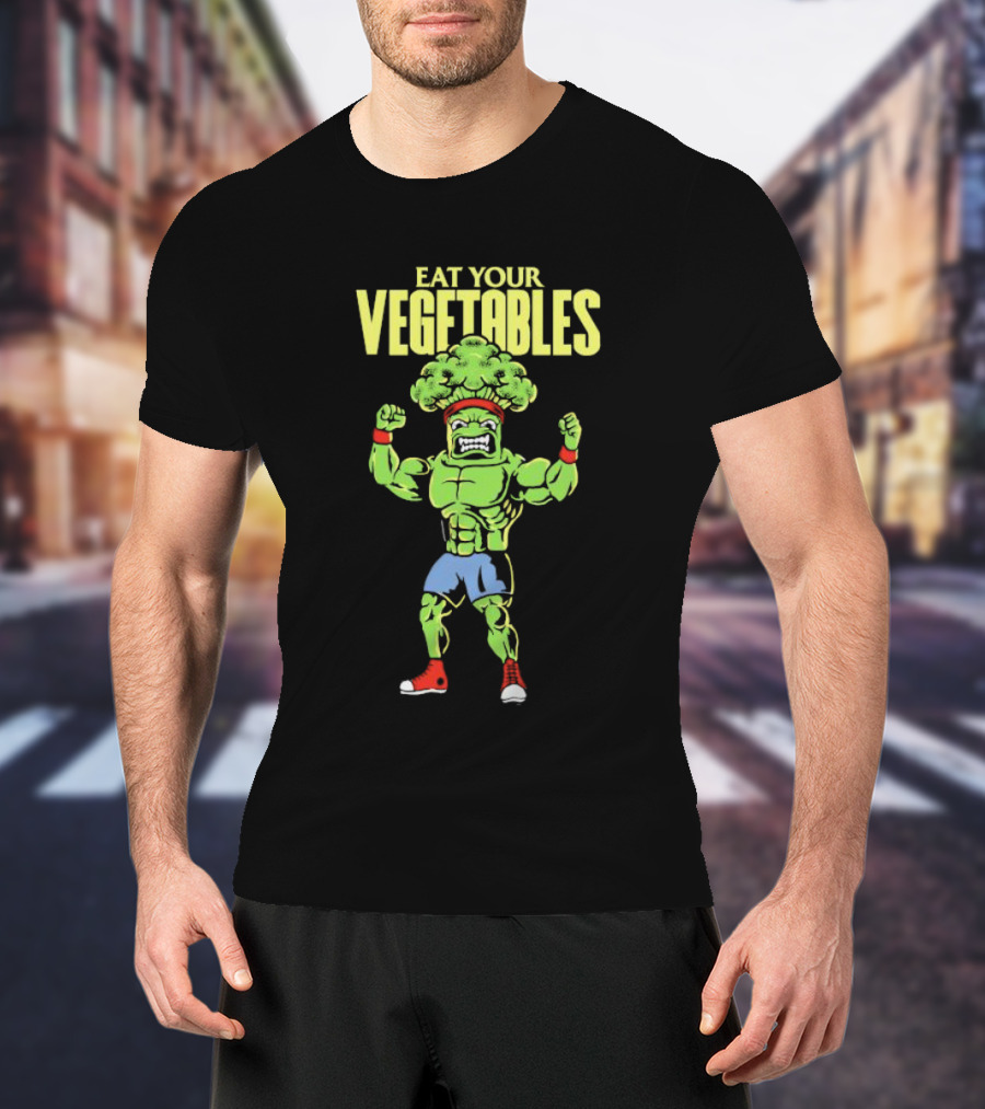 EAT YOUR VEGETABLES Broccoli Bodybuilder In Red Sneakers T-Shirt