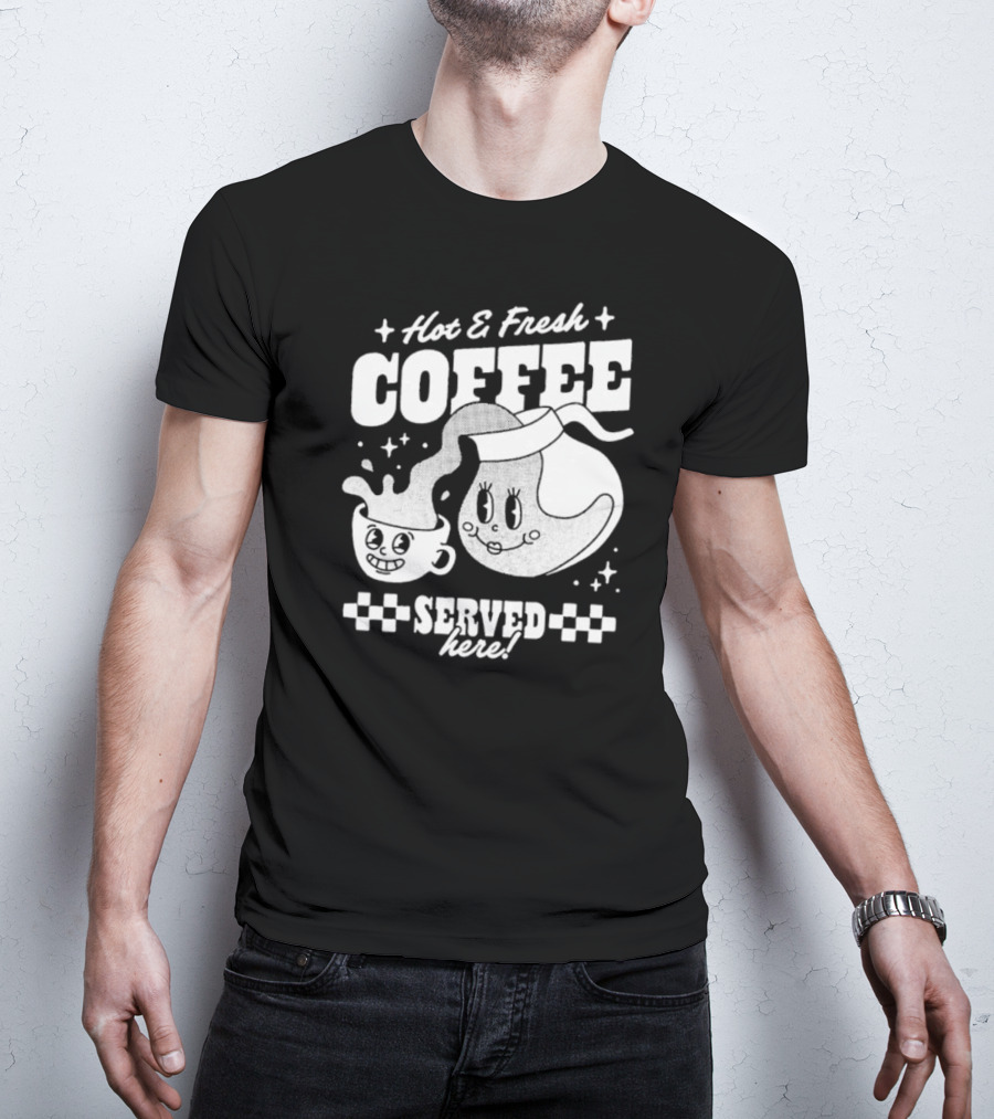Hot And Fresh Coffee Served Here Retro Cartoon T-Shirt