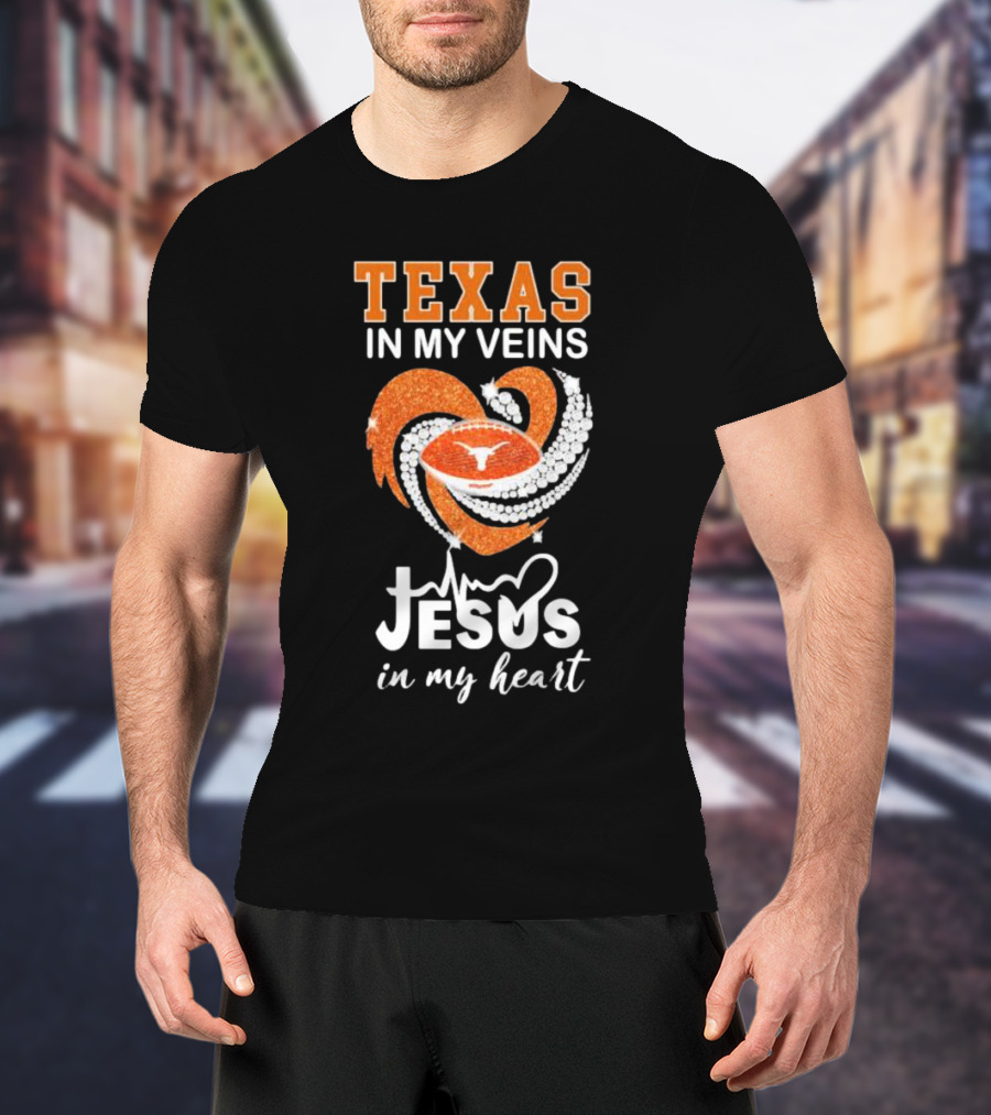 Texas In My Veins Jesus In My Heart Football Diamond T-Shirt