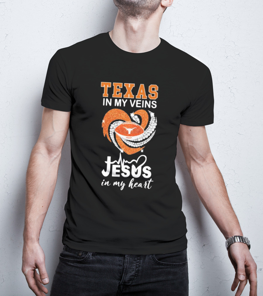Texas In My Veins Jesus In My Heart Football Diamond T-Shirt