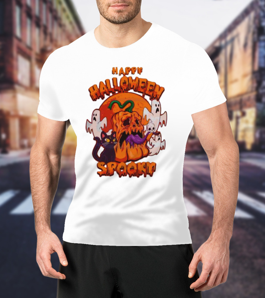 Happy Halloween Spooky Horror Pumpkin Ghosts Black Cat T-Shirt