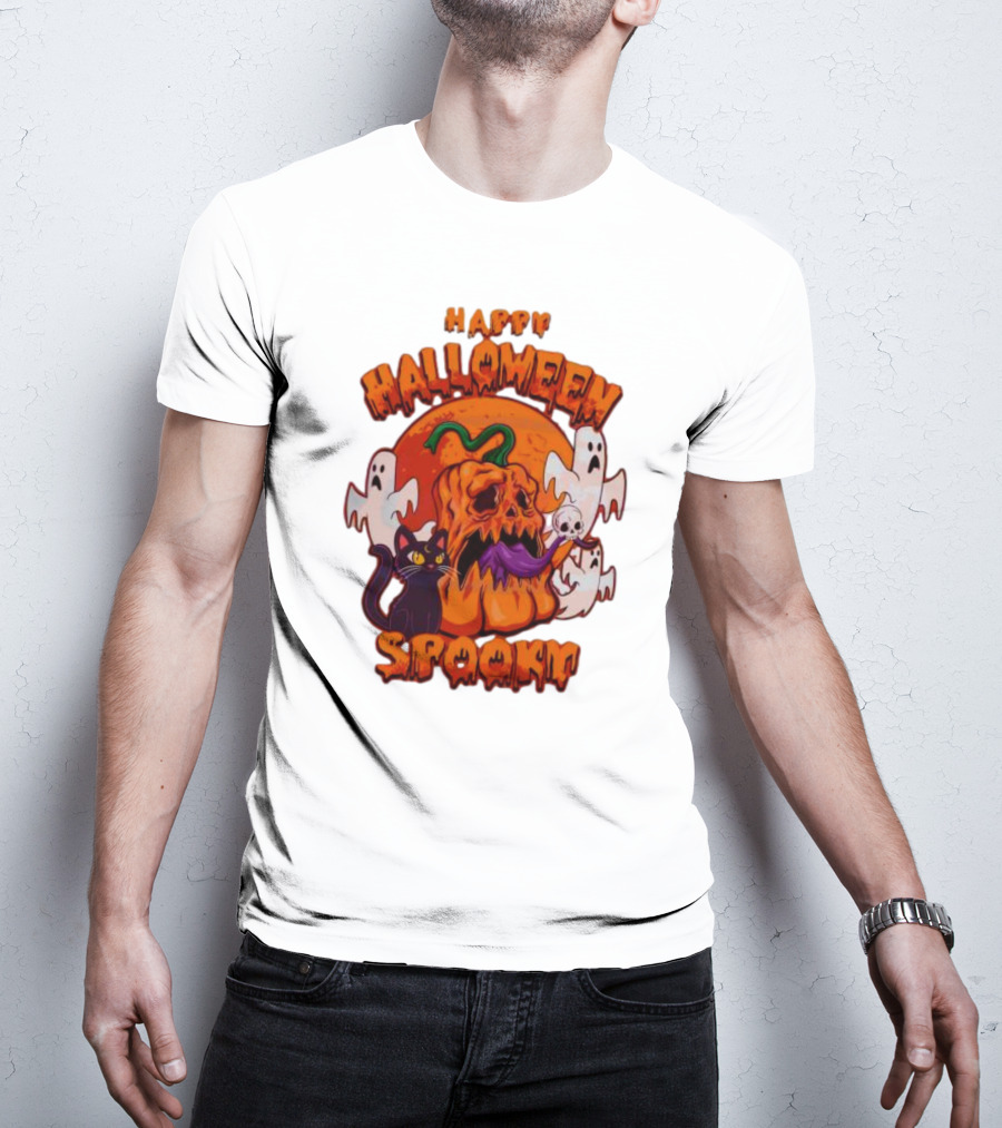 Happy Halloween Spooky Horror Pumpkin Ghosts Black Cat T-Shirt